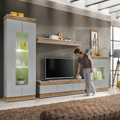 Modern gray-brown wooden wall with TV stand and 2 luxury display cabinets