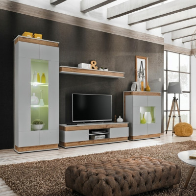 Modern gray-brown wooden wall with TV stand and 2 luxury display cabinets