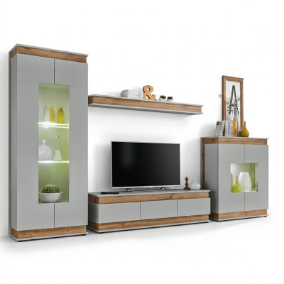 Modern gray-brown wooden wall with TV stand and 2 luxury display cabinets