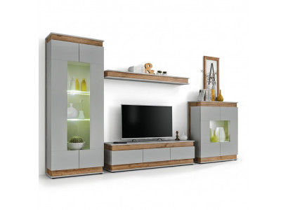 Modern gray-brown wooden wall with TV stand and 2 luxury display cabinets