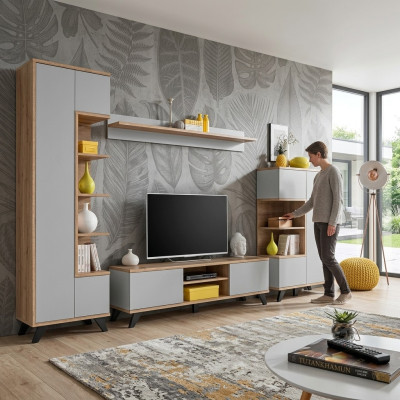 Living Room Set Bookshelf TV Stand Wall Shelf Living Room Walls Wood Furniture Set 4-piece.