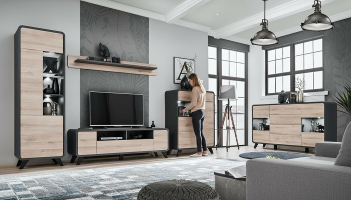 5-piece living room set with TV stand, display cabinets, shelves, wooden furniture
