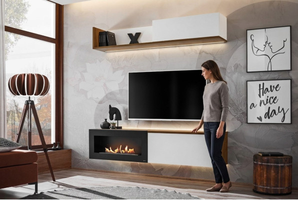 Living Room TV Stand with Fireplace Wall Unit Shelf Wood Furniture New