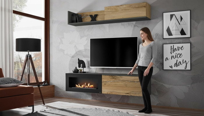 Living room TV furniture wall unit shelf TV stand with fireplace modern wood brown
