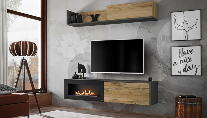 Living room TV furniture wall unit shelf TV stand with fireplace modern wood brown