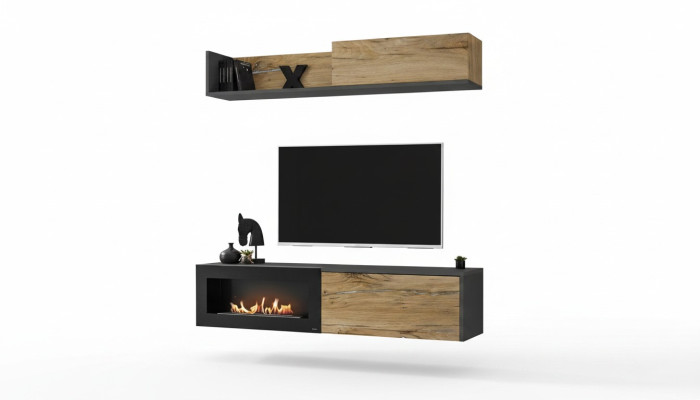 Living room TV furniture wall unit shelf TV stand with fireplace modern wood brown