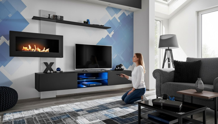Black living room wall unit with fireplace living room designer modern furniture TV stand