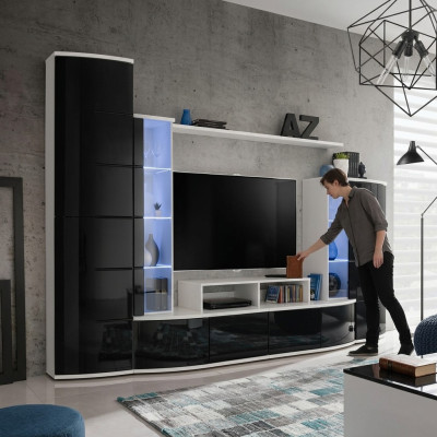 Black Living Room Wall Unit Luxury Set Display Cabinet TV Stand Wood Furniture New
