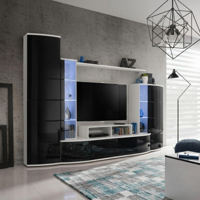 Black Living Room Wall Unit Luxury Set Display Cabinet TV Stand Wood Furniture New