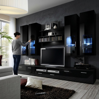 Complete living room wall, modern design, living room furniture, shelves, TV stand