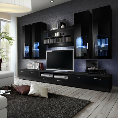 Complete living room wall, modern design, living room furniture, shelves, TV stand