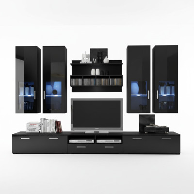 Complete living room wall, modern design, living room furniture, shelves, TV stand