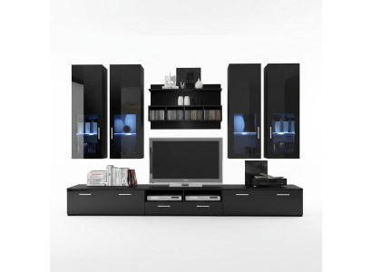 Complete living room wall, modern design, living room furniture, shelves, TV stand