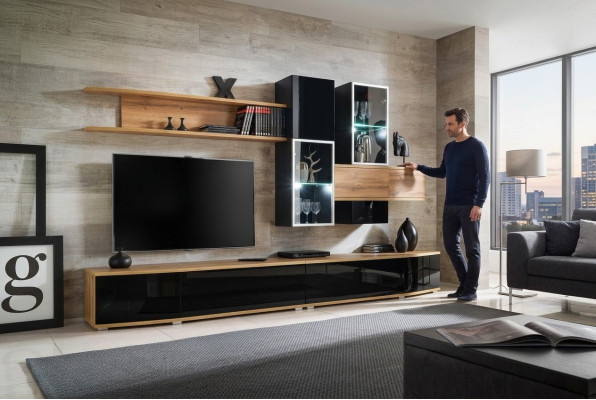 Designer living room wall unit, modern design, luxury furniture, wall shelves, new