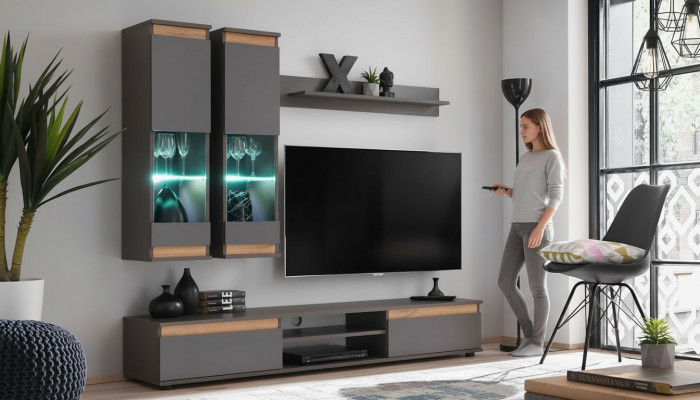 Luxury living room wall unit TV stand wood designer living room gray furniture wall cabinet