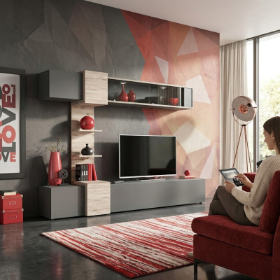 Modern wall unit for living room with gray shelves and TV stand
