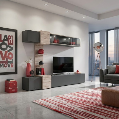 Modern wall unit for living room with gray shelves and TV stand