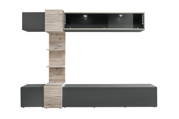 Modern wall unit for living room with gray shelves and TV stand