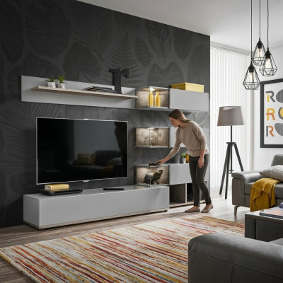 Gray living room wall unit furniture wood RTV TV stand modern design interior