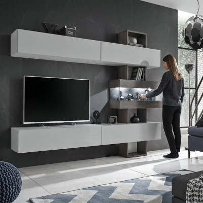 Living room complete furniture, TV lowboard, wall unit, wood designer furnishing.