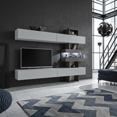 Living room complete furniture, TV lowboard, wall unit, wood designer furnishing.
