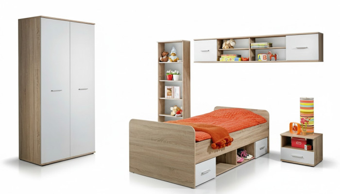 Complete children's room set, nightstand, designer bed, modern wardrobe furniture