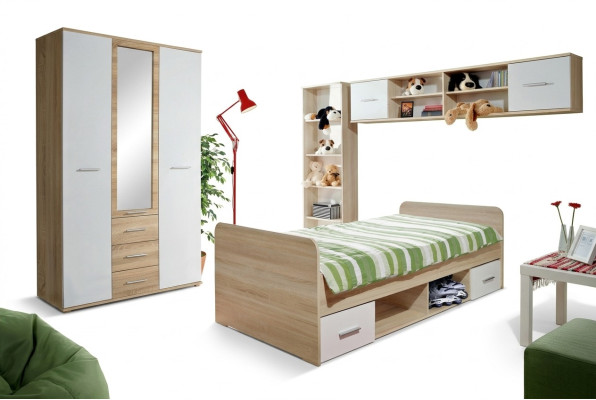 Children's Room Set Bed, Nightstand, Designer Wardrobe, Modern Furnishing 4-piece