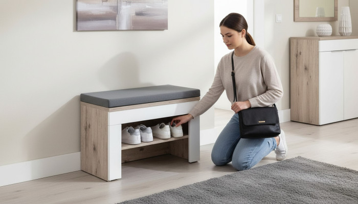 Gray shoe cabinet with cushion Modern design New furniture Wooden shoe cabinet