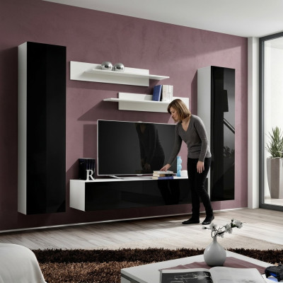 Modern wooden living room furniture with wall shelves and TV stand