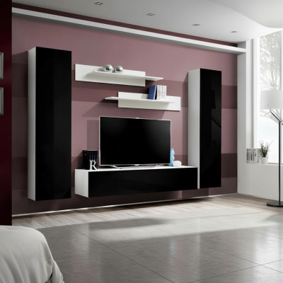 Modern wooden living room furniture with wall shelves and TV stand