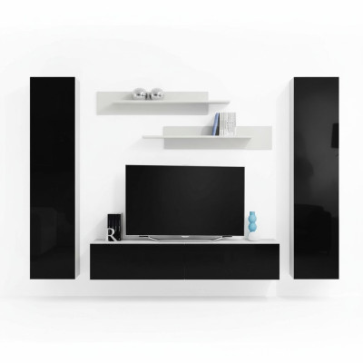 Modern wooden living room furniture with wall shelves and TV stand