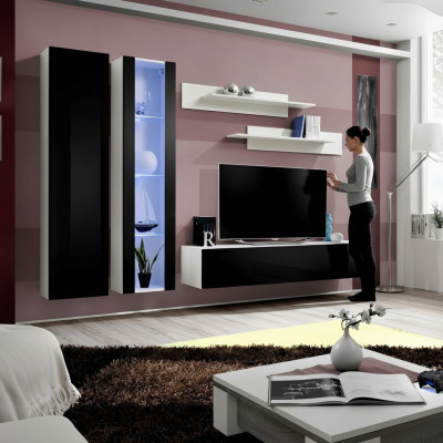 Modern wall unit with hanging display cabinet for TV and shelves in the living room