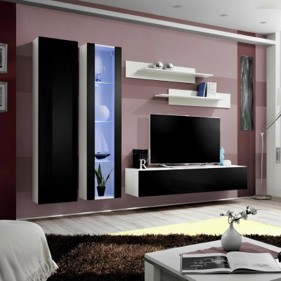 Modern wall unit with hanging display cabinet for TV and shelves in the living room