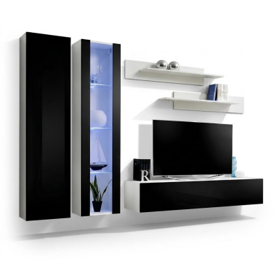 Modern wall unit with hanging display cabinet for TV and shelves in the living room