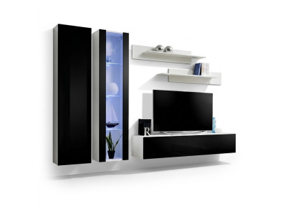 Modern wall unit with hanging display cabinet for TV and shelves in the living room