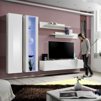 Modern white wooden furniture for the living room with integrated wardrobe
