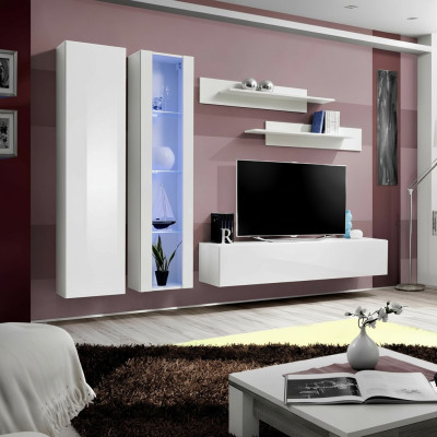 Modern white wooden furniture for the living room with integrated wardrobe