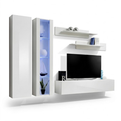 Modern white wooden furniture for the living room with integrated wardrobe