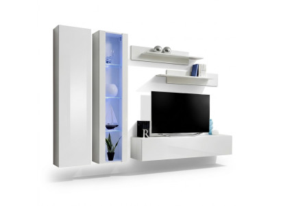 Modern white wooden furniture for the living room with integrated wardrobe