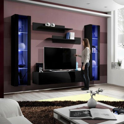 Mobile living room furniture set with shelves in modern black design 5 pieces.