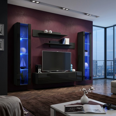 Mobile living room furniture set with shelves in modern black design 5 pieces.