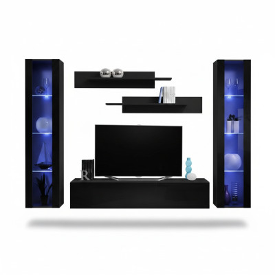 Mobile living room furniture set with shelves in modern black design 5 pieces.