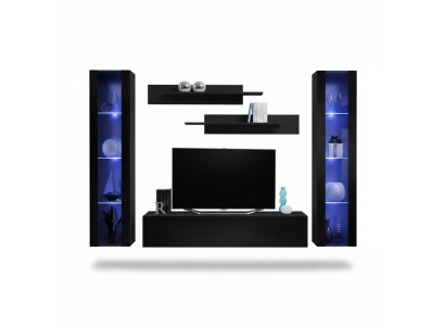 Mobile living room furniture set with shelves in modern black design 5 pieces.