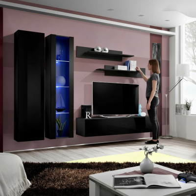 5-piece living room furniture set. Modern design of wall unit with TV stand and shelves