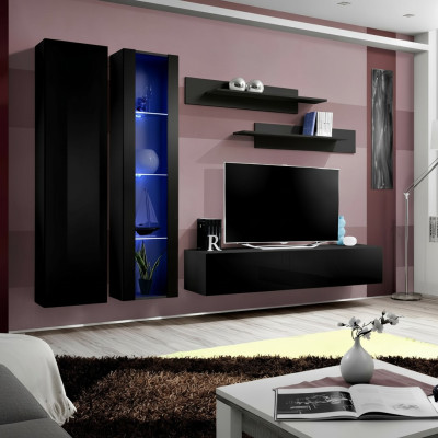 5-piece living room furniture set. Modern design of wall unit with TV stand and shelves