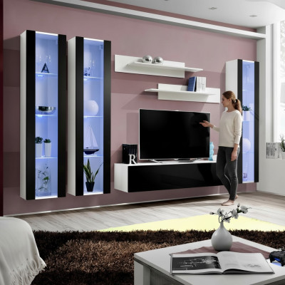 Modern living room wall with shelves and hanging display cabinets