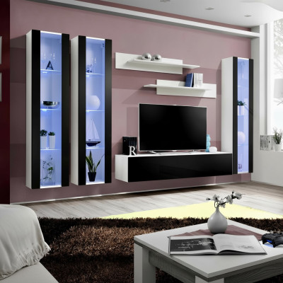 Modern living room wall with shelves and hanging display cabinets
