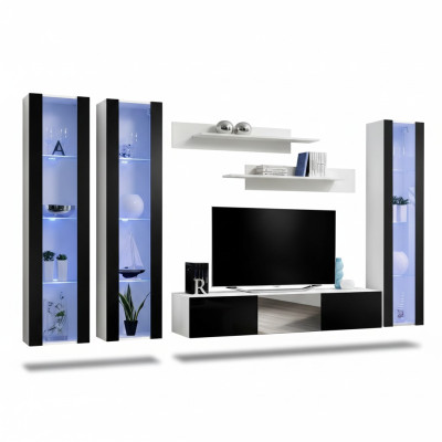 Modern living room wall with shelves and hanging display cabinets