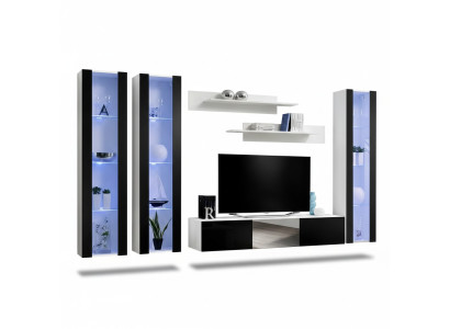Modern living room wall with shelves and hanging display cabinets