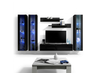 Black Wall Cabinet Hanging Display Case Set 6 pcs Living Room Suite Modern Wooden Furniture